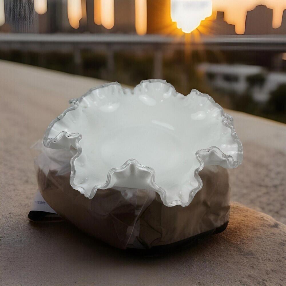 Fenton Silver Crest White Milk Glass Candy Dish Trinket Dish Clear Ruffle Vtg